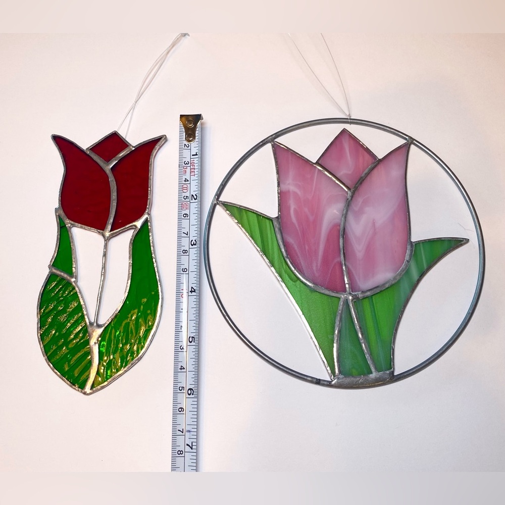 Vintage Suncatchers Stained Glass Flowers Handcrafted Window Hanging Pink